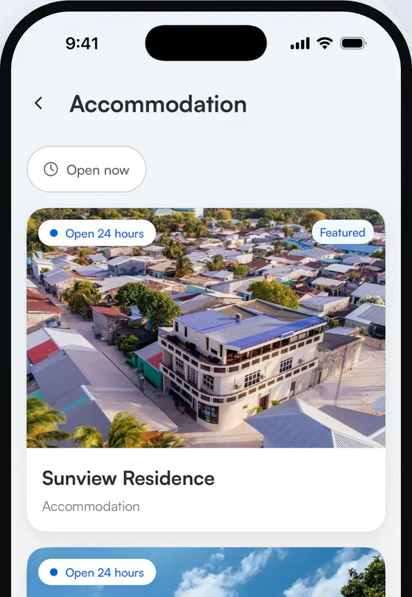 The Accommodation category, with an Open now filter and photo cards for each place.