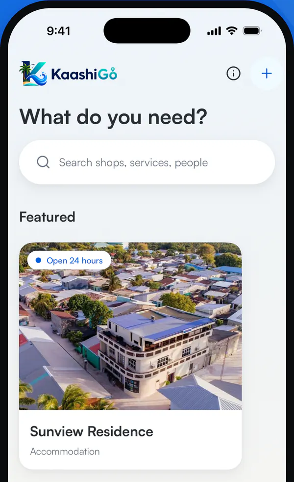 The KaashiGo home screen, with a search bar, a featured guesthouse and categories to browse.