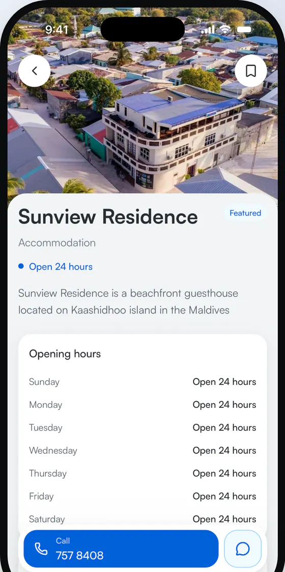 A guesthouse listing showing its photo, opening hours and a call button pinned to the bottom.