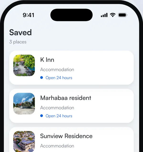 The Saved tab with three places kept on the phone.