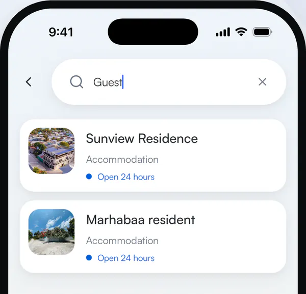 Search results for the word guest, showing two places to stay that are open.