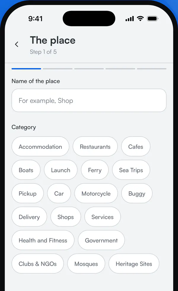 The first step of adding a listing: the name of the place and a choice of category.